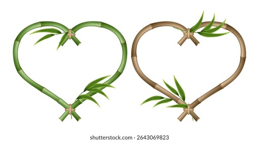 Bamboo heart-shaped frame made of green and brown bamboo stalks tied with a rope. A set of wooden bamboo frames