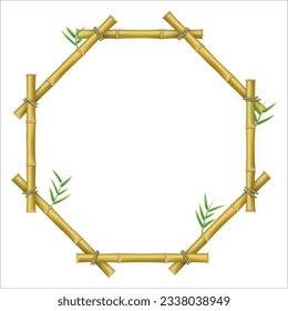 Bambus-Sechskantrahmen mit braunem Holzrand mit Stöcken und leerem Kopienraum realistische Vektorgrafik. Geometrisches Rahmenmuster mit tropischem grünem Blattblatt