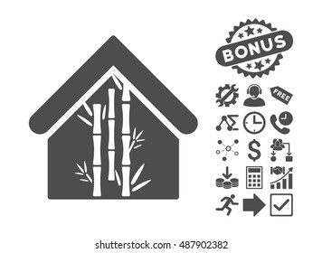 Bamboo House pictograph with bonus icon set. Vector illustration style is flat iconic symbols, gray color, white background.