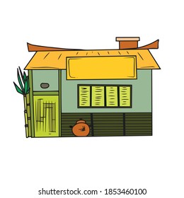 Bamboo hut, front view vector illustration . Modern. Facade of the house with doors and Windows