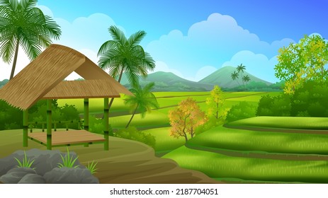 Bamboo hut on the hill with Paddy rice field terrace and mountain, beautiful rural farming landscape