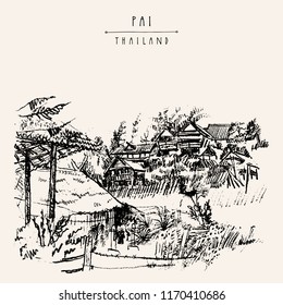 Bamboo huts in Pai valley, Northern Thailand. Atmospheric landscape. Hand drawn vintage artistic postcard template. Vector illustartion