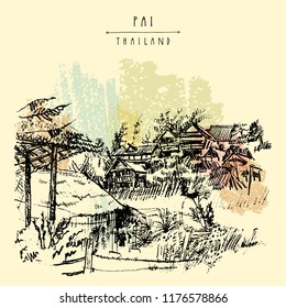 Bamboo huts in Pai valley, Northern Thailand. Atmospheric landscape. Hand drawn vintage artistic postcard template. Vector illustartion