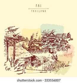 Bamboo huts in Pai valley, Northern Thailand. Hand drawn vintage artistic postcard template. Vector illustration