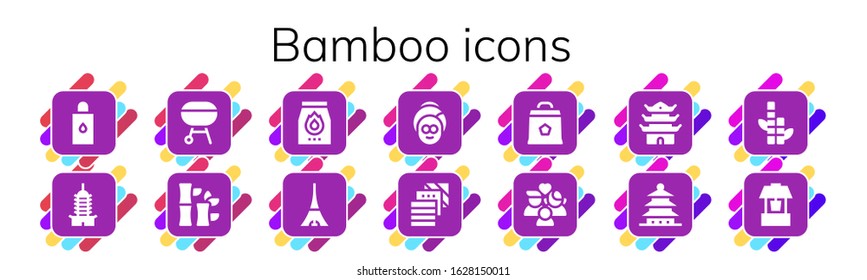 bamboo icon set. 14 filled bamboo icons.  Simple modern icons such as: Body oil, Pagoda, Charcoal, Bamboo, Tokyo, Spa, Fabric, Wellness, Well