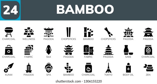 bamboo icon set. 24 filled bamboo icons.  Simple modern icons about  - Charcoal, Wellness, Pagoda, Chopsticks, Bamboo, Fabric, Silk, Sake, Kunai, Spa, Tokyo, Body oil, Zen