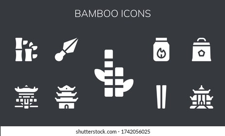 conjunto de iconos de bambú. 9 iconos de bambú rellenos.  Iconos modernos sencillos como: Bambú, Pagoda, Kunai, carbón vegetal, palillos