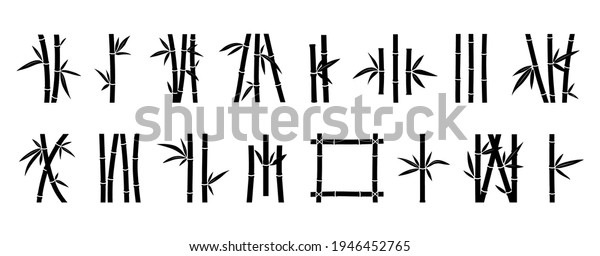 Bamboo\
icon. Tropical jungle forest logo with tree trunk and leaves.\
Silhouettes of Japanese decorative elements. Natural branches set.\
Contour borders and frame. Vector plant\
symbols