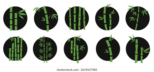 Bamboo icons in black circles. Vector elements for stickers or logo. 