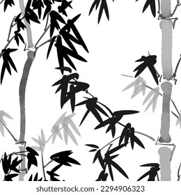 Bamboo ink wash vector seamless pattern. Floral nature monochrome illustration. Oriental traditional painting of exotic grass. Zen garden design. Black plants on white background. Lucky wallpaper.