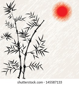 Bamboo japanese vector asian illustration. Art traditional. Chinese background with red sun.