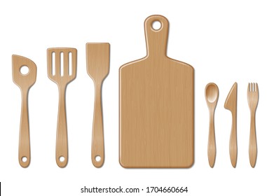 Bamboo kitchen utensils set isolated on white. Kitchenware set with spoon, fork dinner knife and flat plate, platter. Wooden kitchenware utensils. Kitchenware utensils