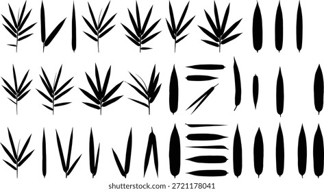 Bamboo leaf and pod silhouette vector set featuring botanical shapes, natural design elements, foliage illustration for artistic use