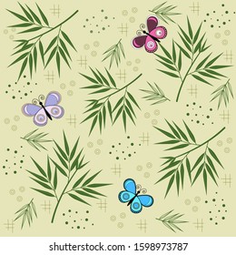 Bamboo leaves, butterflies and decorative elements, delicate seamless pattern, beige background, vector