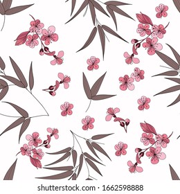 Bamboo leaves and cherry blossom in pink and light brown shade on white background. Seamless vector pattern.