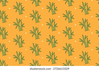 Bambú y hojas con patrón de puntos sin fisuras sobre fondo naranja. Motivo de bambú botánico sobre fondo amarillo. Repetir el patrón de tallo de bambú con hojas verdes