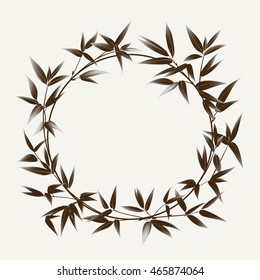 Bamboo leaves in form of circle frame. Ink painting over white background. Vector illustration.