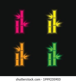 Bamboo With Leaves four color glowing neon vector icon