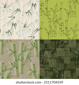 Bamboo with Leaves Seamless Background. A contemporary collage with simple shapes. Modern exotic design for paper, cover, fabric, wallpaper, interior. Vector graphics.