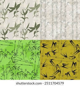 Bamboo with Leaves Seamless Background. A contemporary collage with simple shapes. Modern exotic design for paper, cover, fabric, wallpaper, interior. Vector graphics.