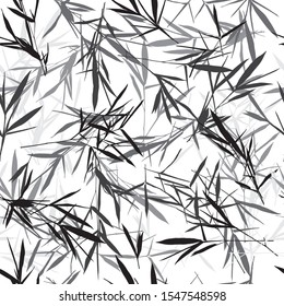 Bamboo leaves seamless pattern on white background, jungle backdrop grayscale isolated
