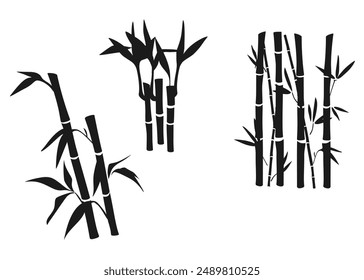 Bamboo leaves silhouette collection. Bamboo plant vector illustration. Bamboo element design. Bamboo branches, stems and leaves isolated on white background