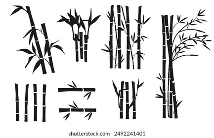 Bamboo leaves silhouette collection. Bamboo plant vector illustration. Bamboo element design. Bamboo branches, stems and leaves