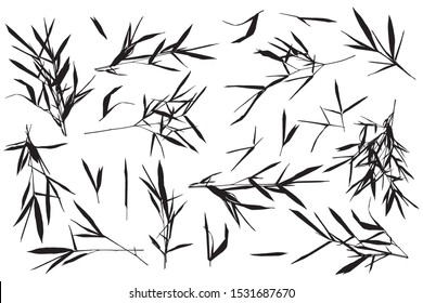 Bamboo leaves silhouettes set, clip art kit on white background