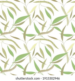 Bamboo leaves and stems. Seamless texture in monochrome shades of green. Vector illustration on a white background.