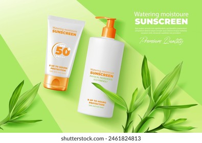 Bambusblätter und Sonnencreme in der Draufsicht Mockup. Zwei Vektorgrafik 3D-Sonnenschutzprodukte, ein Röhrchen und eine Flasche in Orange- und Weißtönen mit grünen Blättern, umweltfreundliche Bewässerungsfeuchtigkeit für den Sommer