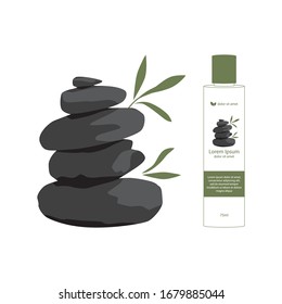 bamboo leaves and zen stones, vector illustration and cosmetic container mock up