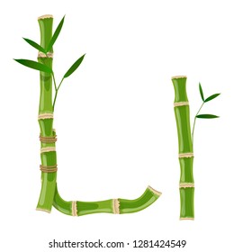 Bamboo letter L with young shoots with leaves, eco vector font