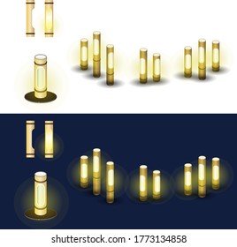 Bamboo lights made from white bamboo. There are two patterns, a side view, a front view, and a sketch, daytime and nighttime.