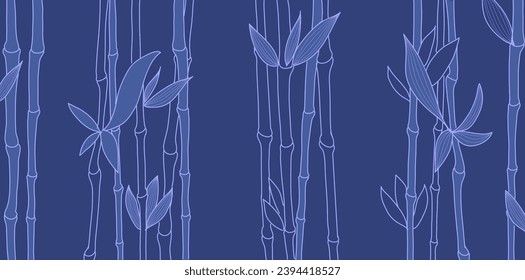 Bambuslinie Kunst. Bambus stalk und Blätter auf blauem Hintergrund. Tropisches Blumenmuster Vektor handgezeichnet Illustration.