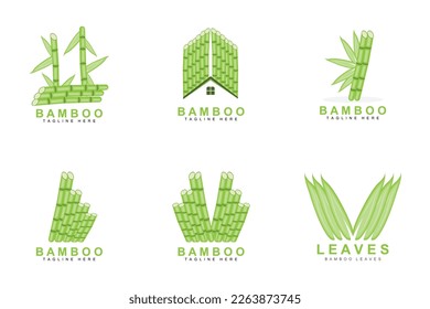 Bamboo Logo Design, Green Tree Vector, Panda Food, Product Brand Template Illustration
