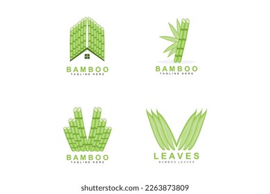 Bamboo Logo Design, Green Tree Vector, Panda Food, Product Brand Template Illustration