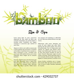 Bamboo logo ink pen on green background vector. Spring spa illustration on light green backdrop with text. Bamboo bush and leaves.