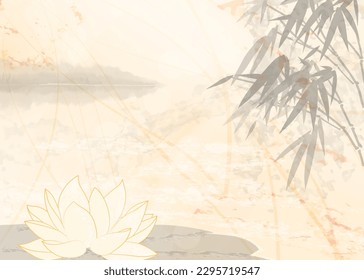 Bamboo, lotus. Ink wash textured paper. Oriental style illustration for background use. Bright design can be used for card or banner, meditation announcement, brochure template. Beige frame wallpaper.