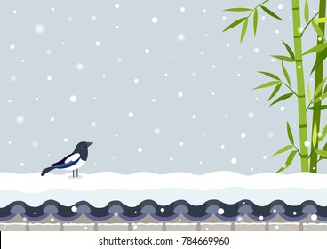 Bamboo with magpie on snowy Korean traditional brick wall.Korean Traditional Happy New Year Day