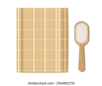 Bamboo mat and brush vector realistic. Natural sustainable materials product placement mock up