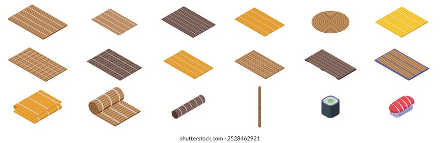 Bamboo mat icons set. Different types of bamboo mats used in japanese cuisine, for rolling sushi and serving food