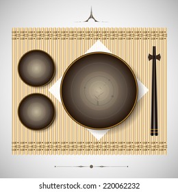 Bamboo mat with plates and chopsticks setting for lunch thai traditional luxury. Vector illustration. 