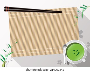 Bamboo mat tea cup on white background vector illustration.