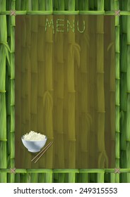 Bamboo menu template with oriental dish, rice and chopsticks for restaurant, cafe etc