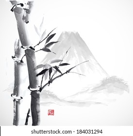 Bamboo and mountains, hand-drawn with ink in traditional Japanese style sumi-e. Vector illustration. 