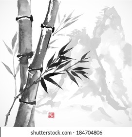 Bamboo and mountains, hand-drawn with ink in traditional Japanese style sumi-e. Vector illustration. 