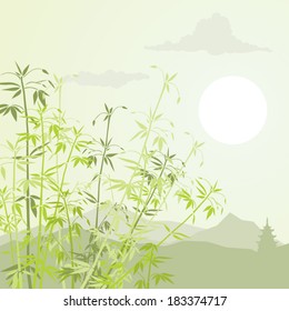 Bamboo and mountains landscape vector illustration