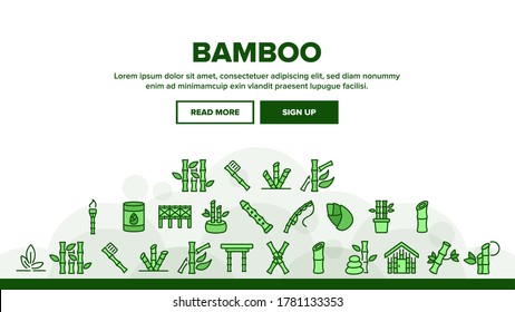 Bamboo Nature Plant Landing Web Page Header Banner Template Vector. Bamboo Material House And Bridge, Fishing Rod And Flute, Toothbrush And Table Illustrations