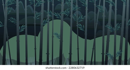 bamboo night landscape background. Tropical reed beds. Jungle and rainforest of southern latitudes. Cartoon fun style. Flat design. Vector