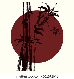 Bamboo on rising sun background.